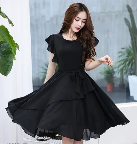 Elizy Women Black Plain Flair Georgette Short Dress - M, Black